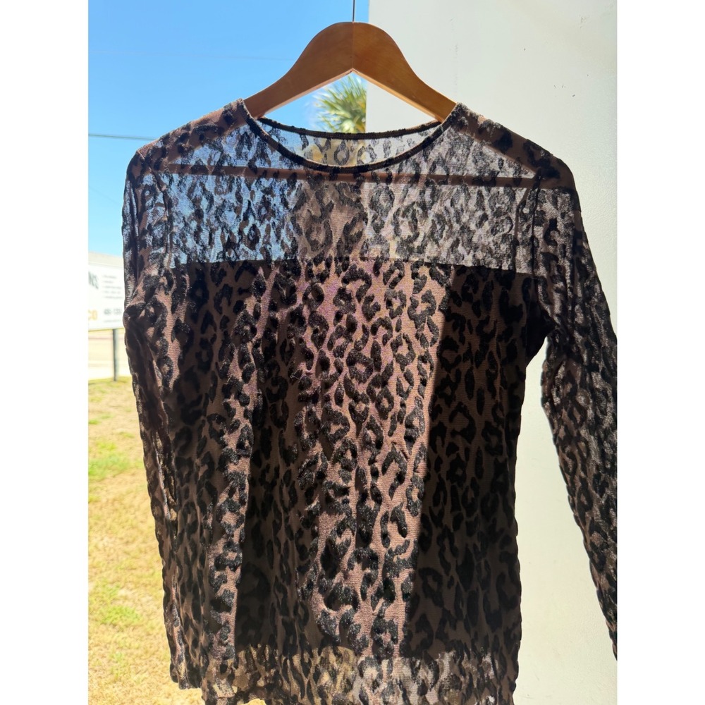 C. Wheels Vintage Leopard Print Mesh Long Sleeve Top Brown Black Medium USA - Picture 3 of 8